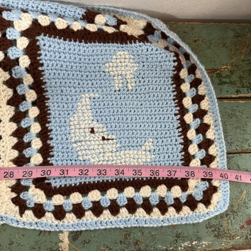 Handmade Granny Square Crochet Baby Blanket Afghan Moon & Stars Blue 40 x 57.5”